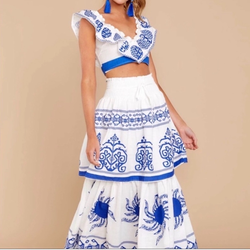 Red dress boutique- Blue and White Women's Skirt and top set